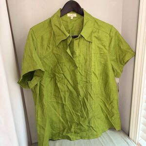 Choices Woman Shirt Women's 2X Avocado Green Linen Button Up Resort Top